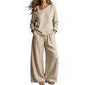 Beige linen off shoulder long sleeve two piece lounge set with adjustable strap top and wide-leg pants length