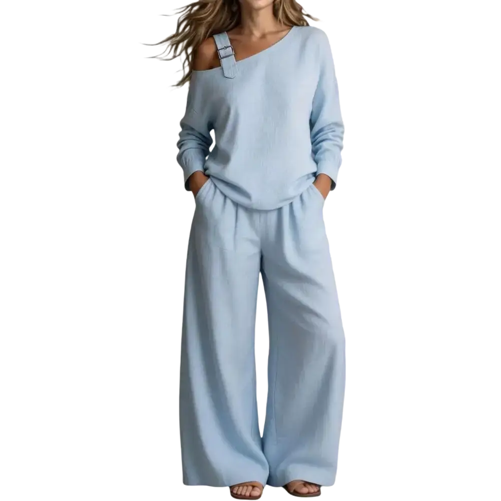 Light blue off shoulder long sleeve two piece lounge set with wide-leg pants and comfortable clothes length