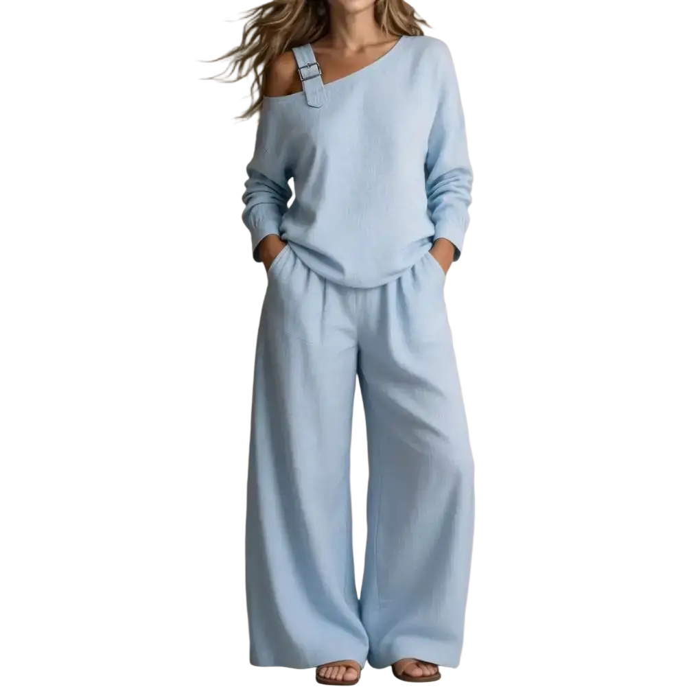 Light blue off shoulder long sleeve two piece lounge set with wide-leg pants and relaxed clothes length