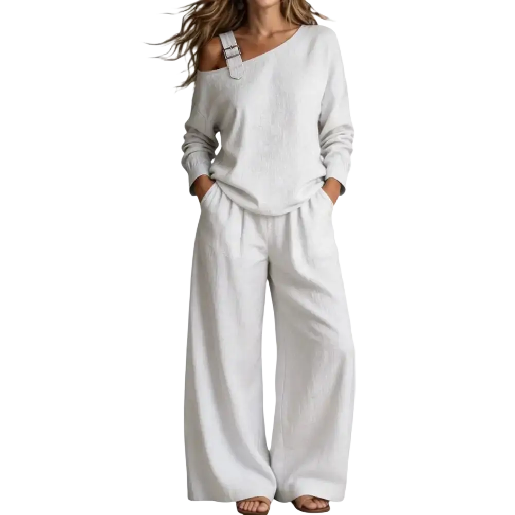 Light gray off shoulder long sleeve top with silver buckle detail on shoulder in two piece lounge set clothes length