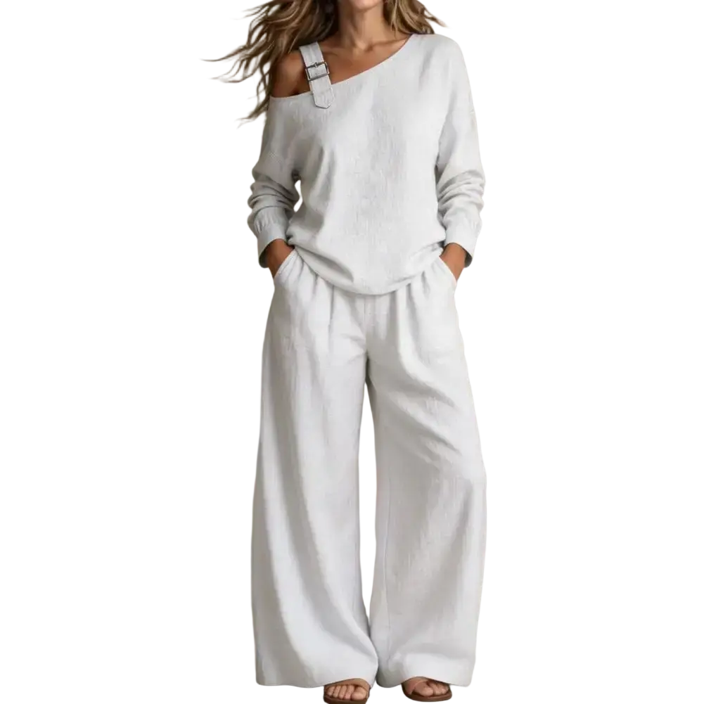 Off shoulder long sleeve two piece lounge set featuring a white linen jumpsuit with wide-leg pants length and single shoulder strap detail