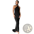 Black one-shoulder mermaid gown with high neckline and fitted silhouette shown from the back with a train design