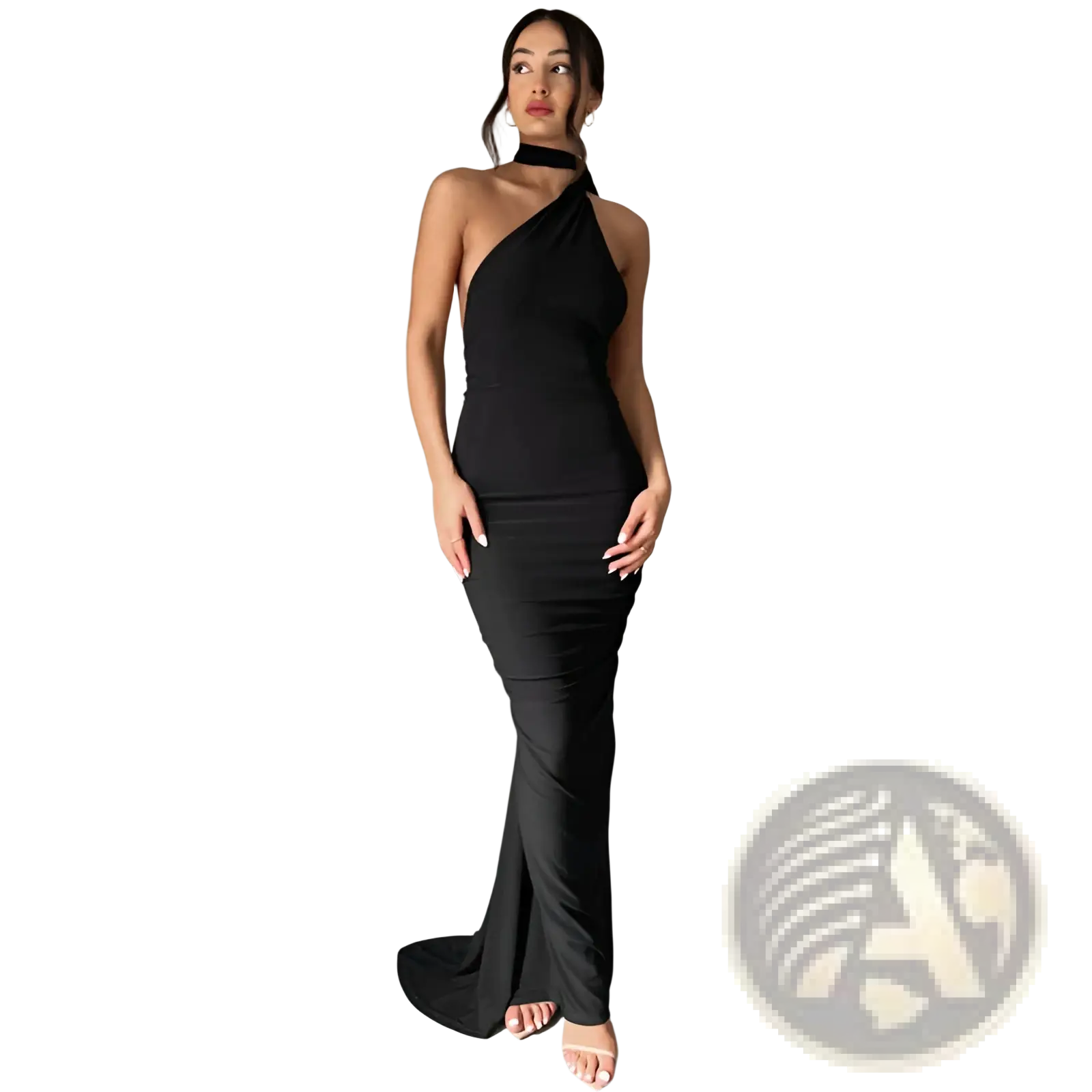 Black one-shoulder mermaid gown with high neckline and fitted silhouette shown from the back with a train design
