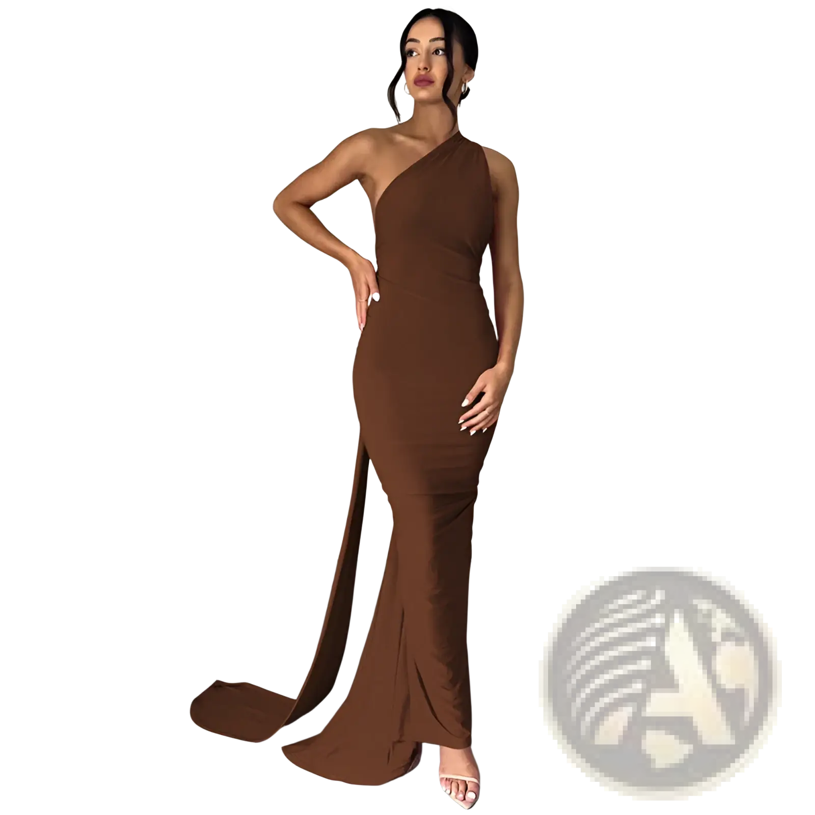A sleek brown one shoulder mermaid gown with a high slit and flowing train in a backless style
