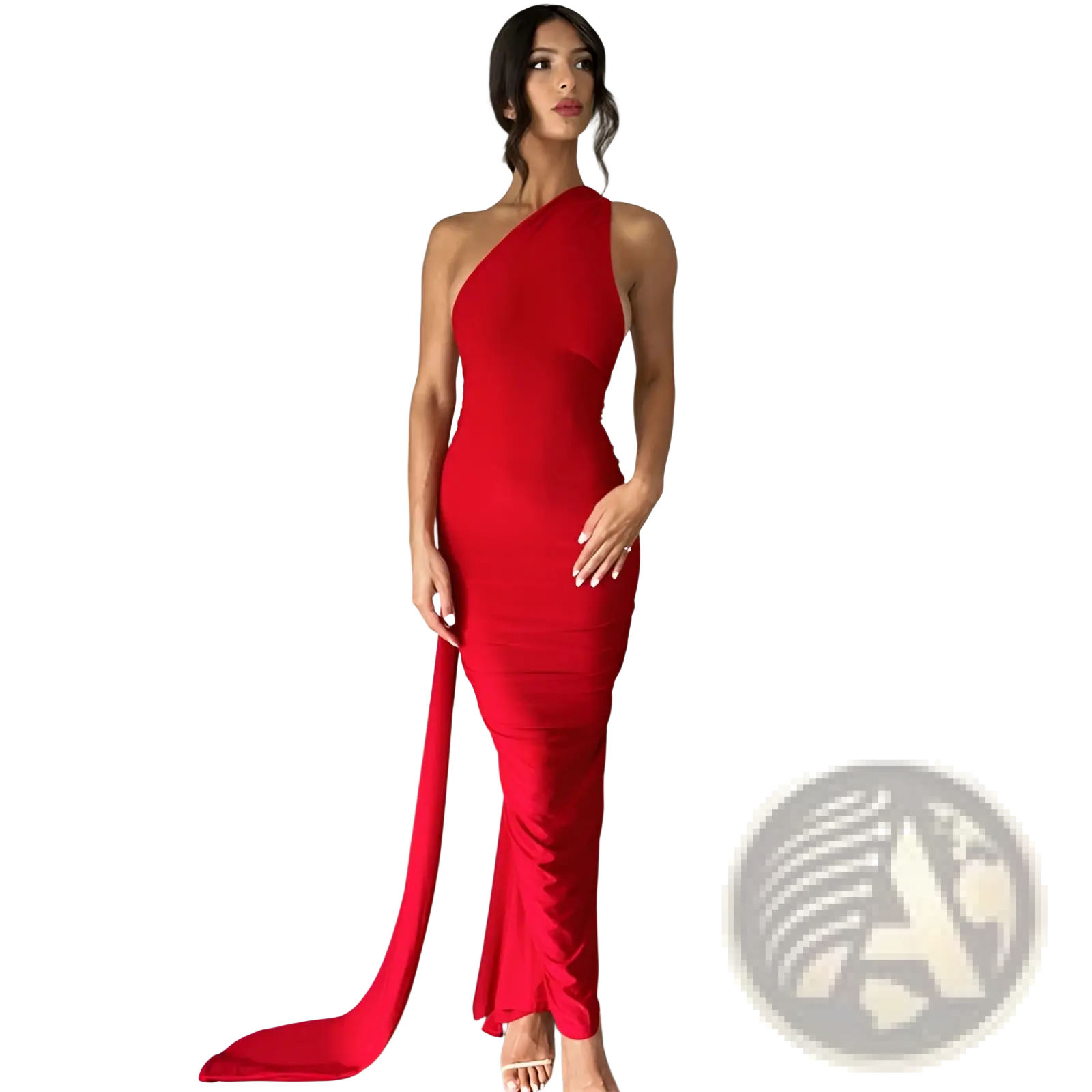 A striking red one shoulder mermaid backless train dress with a flowing train and sleek bodycon silhouette