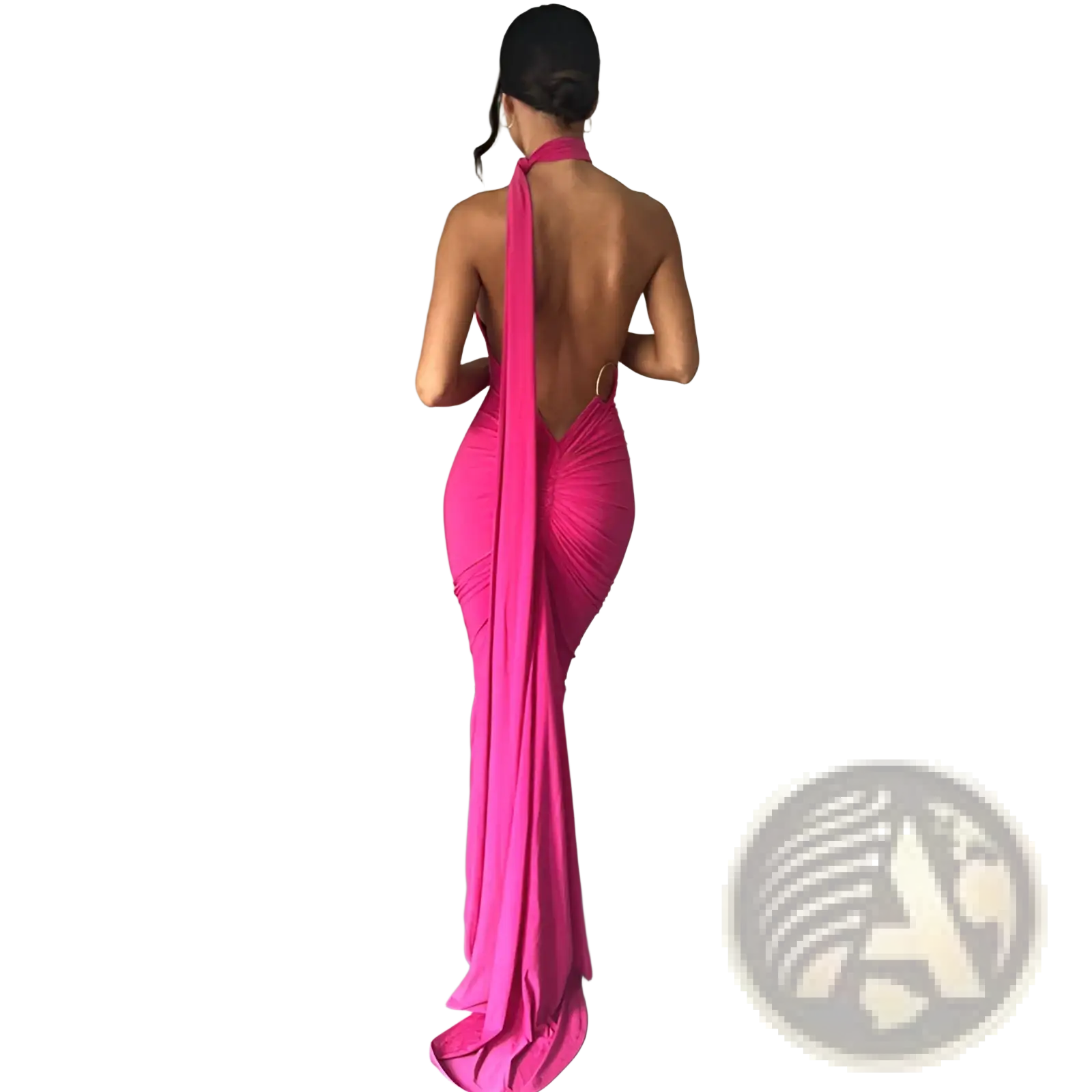 Back view of a vibrant fuchsia satin one shoulder mermaid dress with a high neckline open back and flowing train