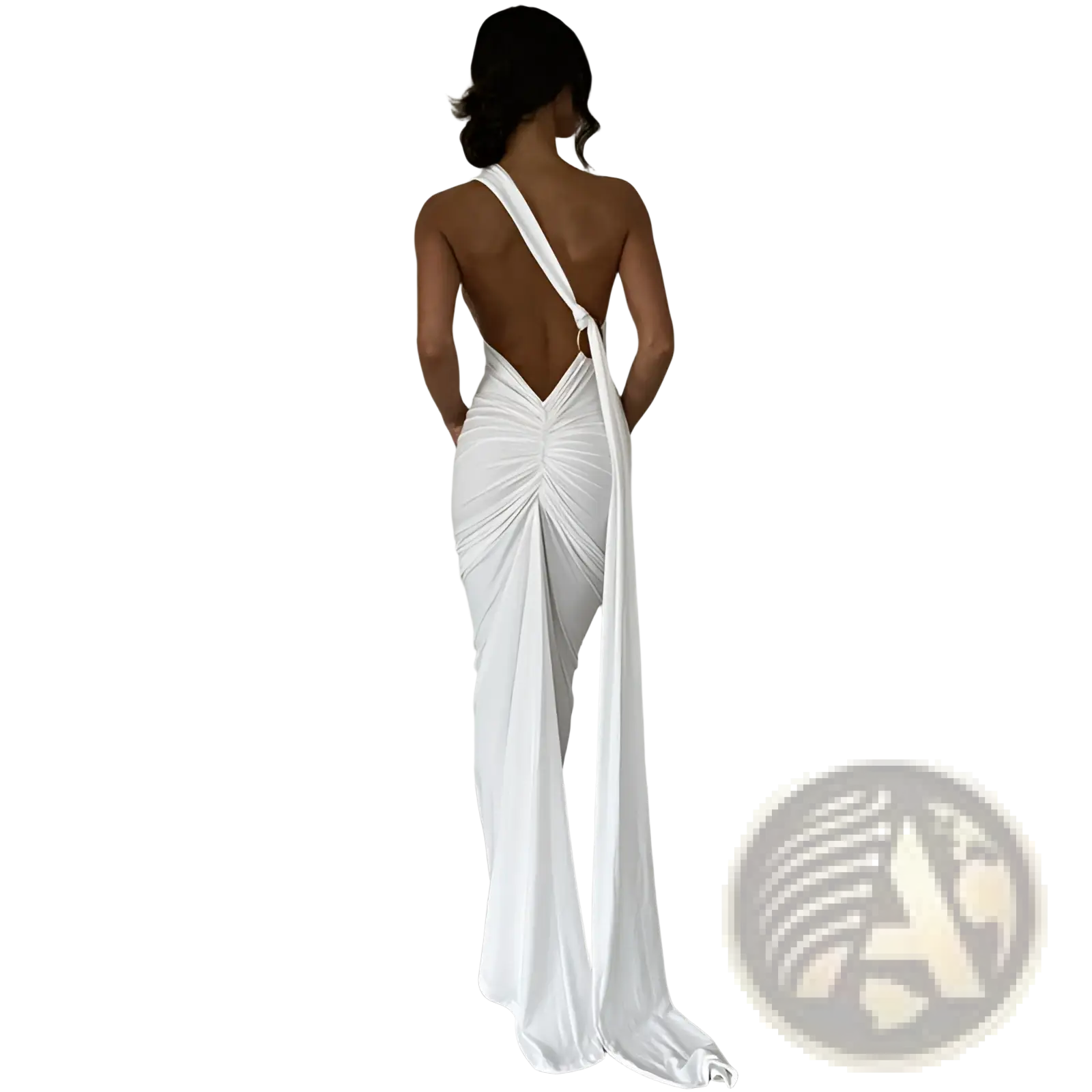 A sleek white satin one shoulder mermaid dress with a dramatic backless cutout and train shown from the back side