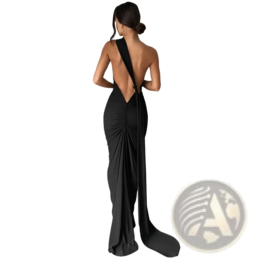 Black one shoulder mermaid evening gown shown from back with deep cutout and ruched detailing for formal occasions