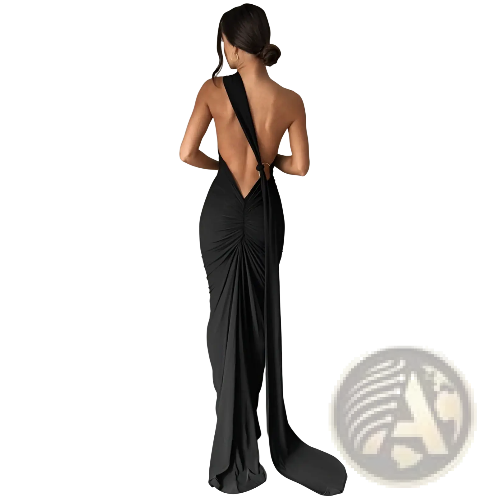 Black one shoulder mermaid evening gown shown from back with deep cutout and ruched detailing for formal occasions