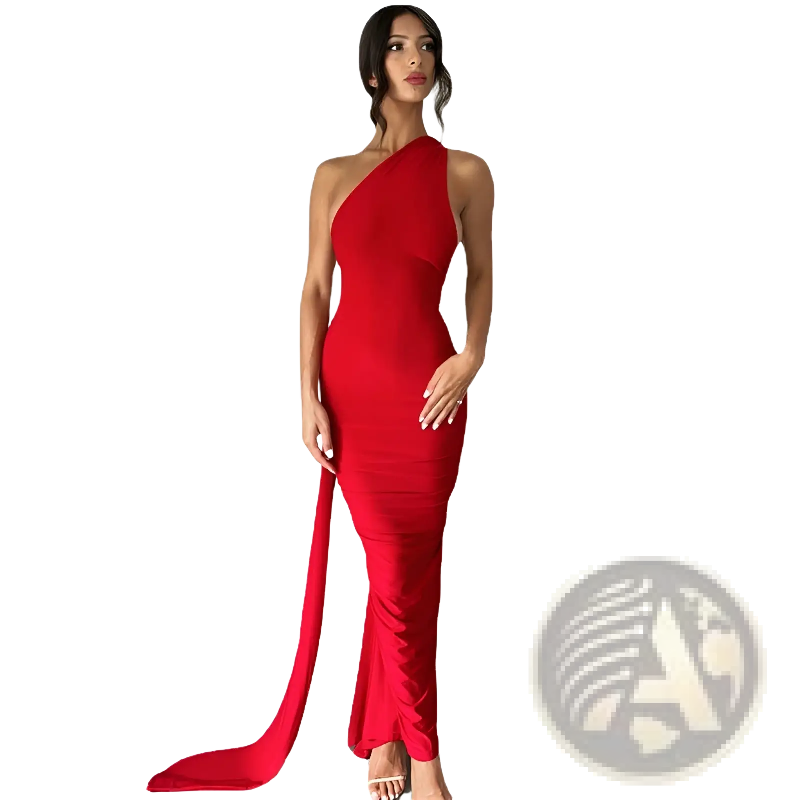 A striking red one shoulder mermaid backless train dress with a flowing train and sleek silhouette