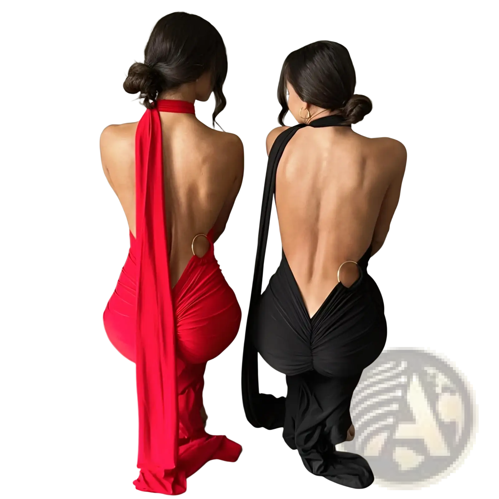 Back view of red and black halter-neck one shoulder mermaid backless train dresses with flowing fabric ties