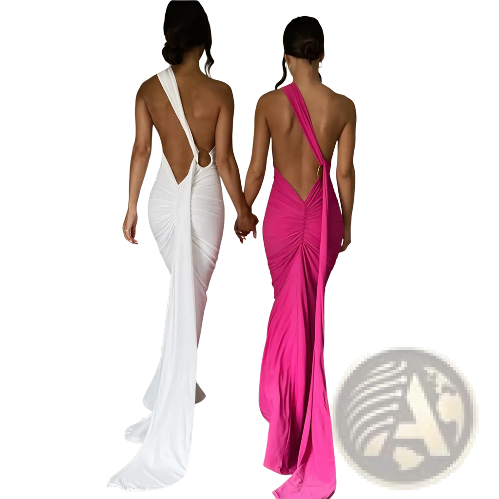 Two women wearing one shoulder mermaid backless train dresses in white satin and vibrant fuchsia silk, back view