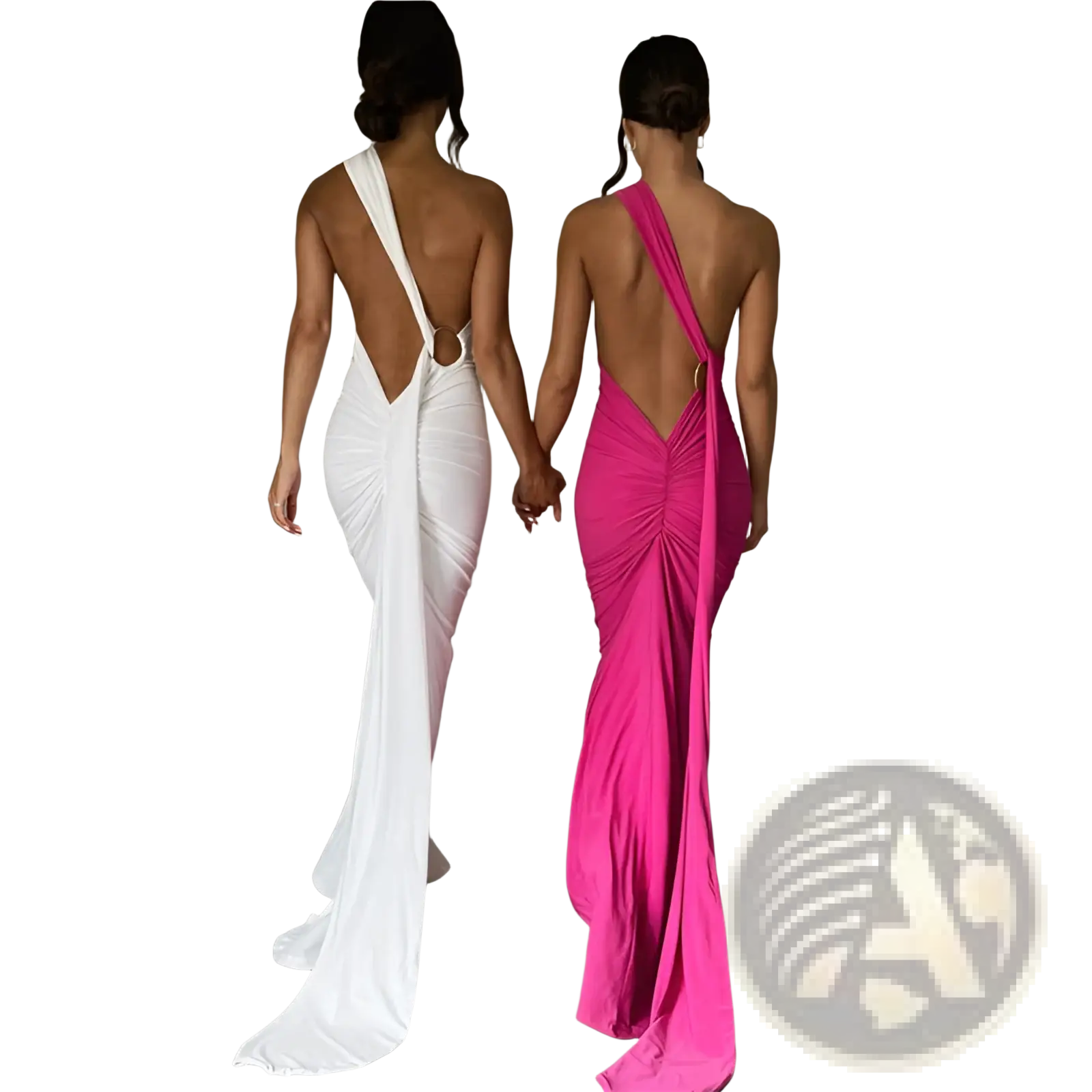 Two women wearing one shoulder mermaid backless train dresses in white satin and vibrant fuchsia silk, back view
