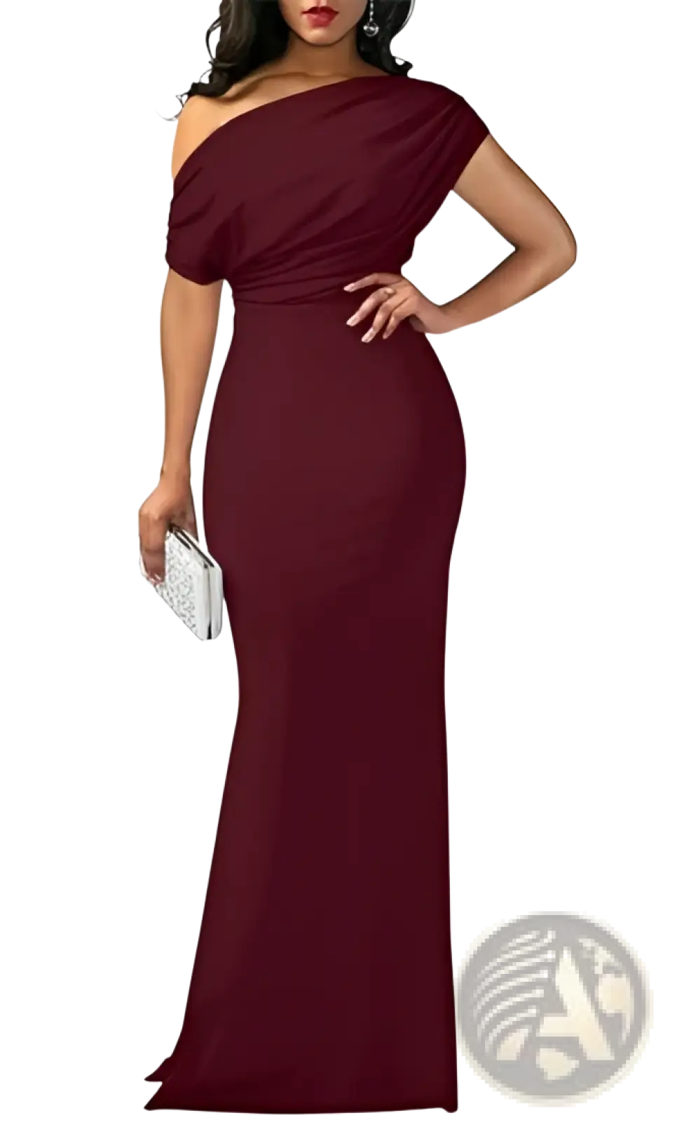 Off the shoulder mermaid evening gown in burgundy satin with a fitted silhouette and draped neckline
