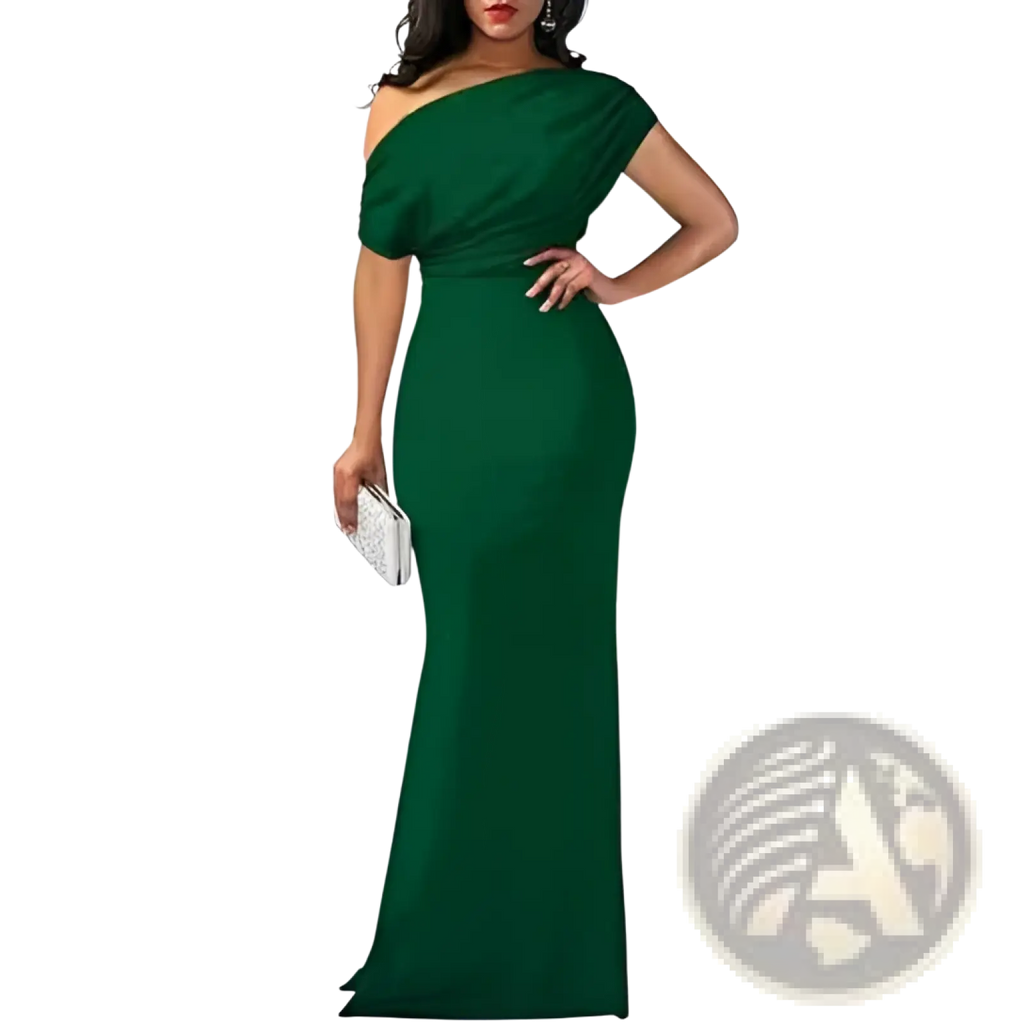 Elegant emerald green off the shoulder mermaid evening gown with fitted silhouette and draped shoulder detail