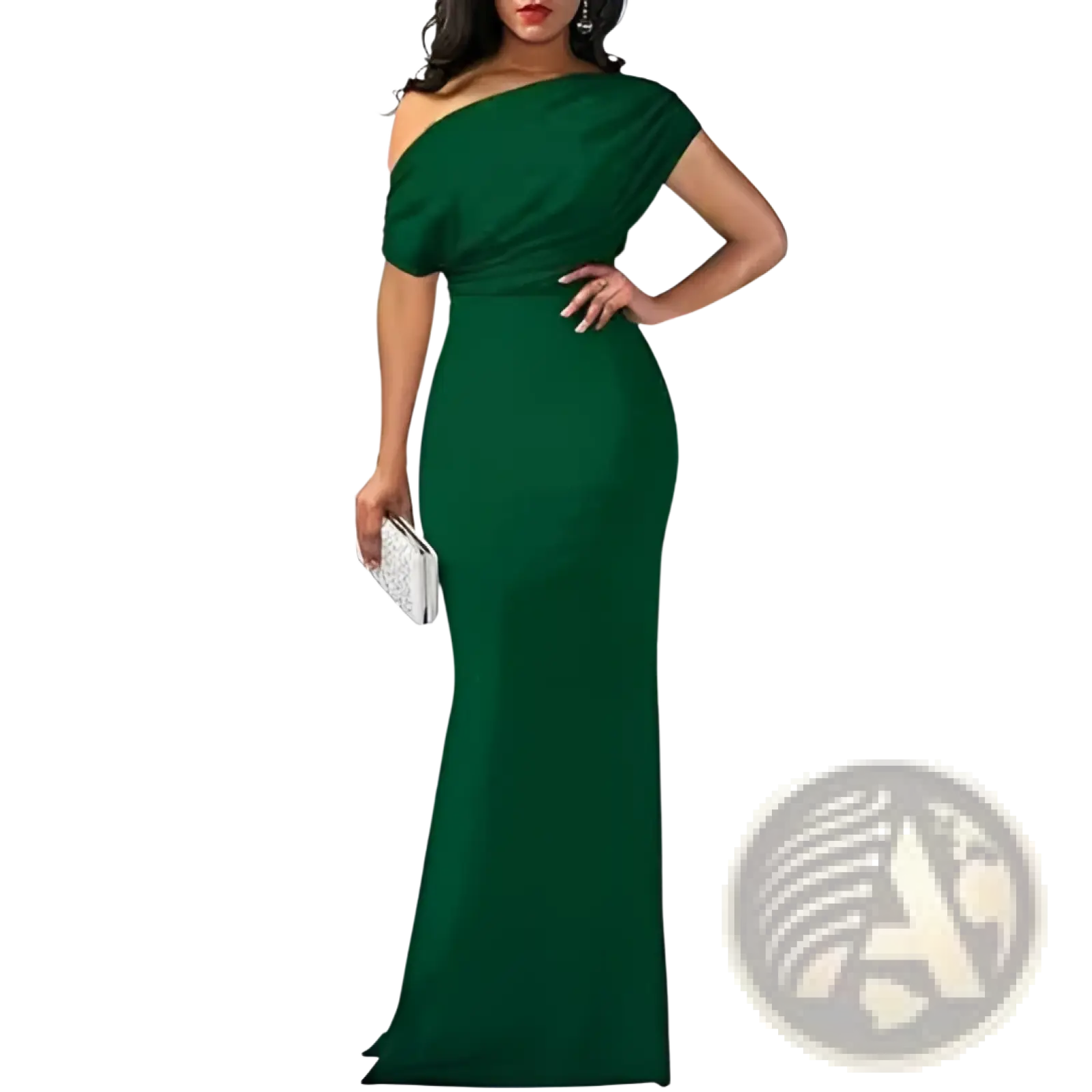 Elegant emerald green off the shoulder mermaid evening gown with fitted silhouette and draped shoulder detail