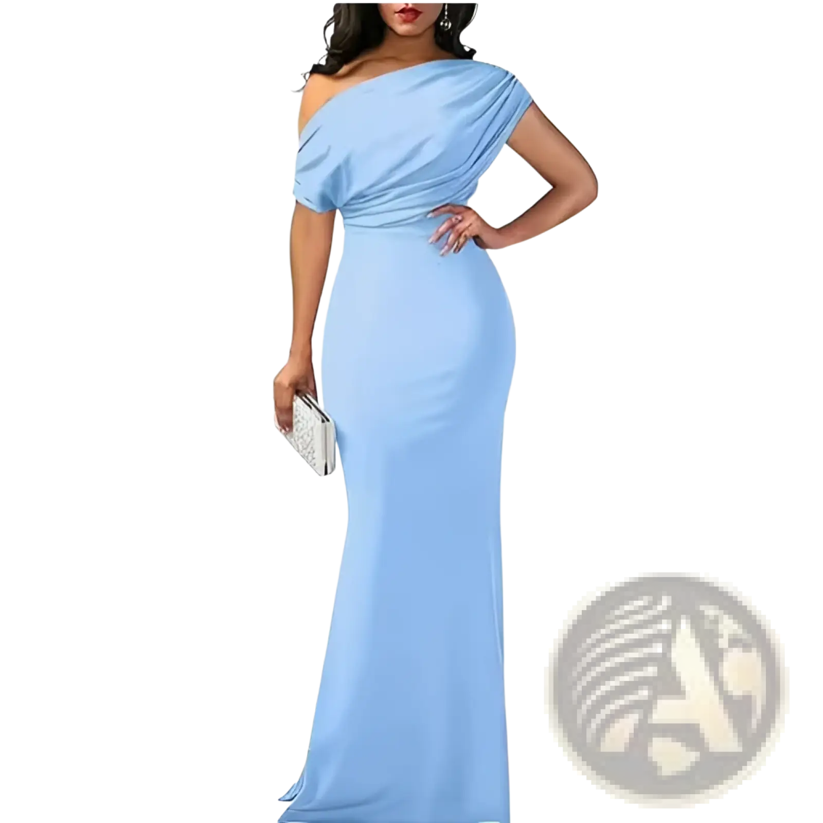 A light blue satin off the shoulder mermaid evening gown with a draped bodice and flowing silhouette