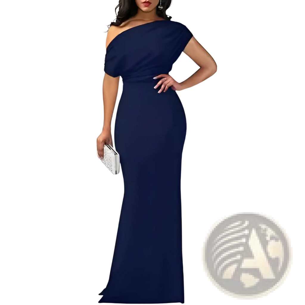 A navy blue off the shoulder mermaid evening gown with a fitted silhouette and draped shoulder bodice detail