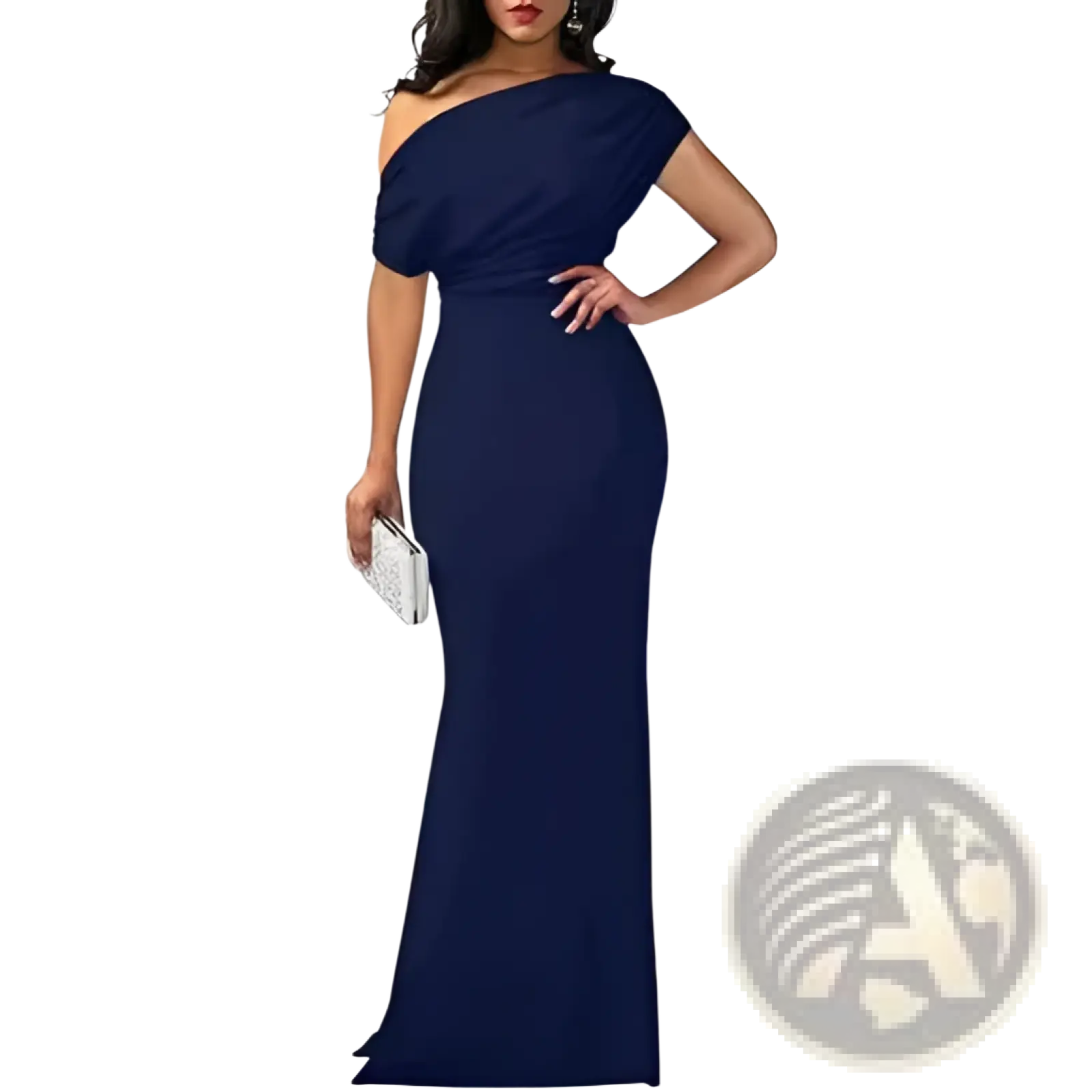 A navy blue off the shoulder mermaid evening gown with a fitted silhouette and draped shoulder bodice detail