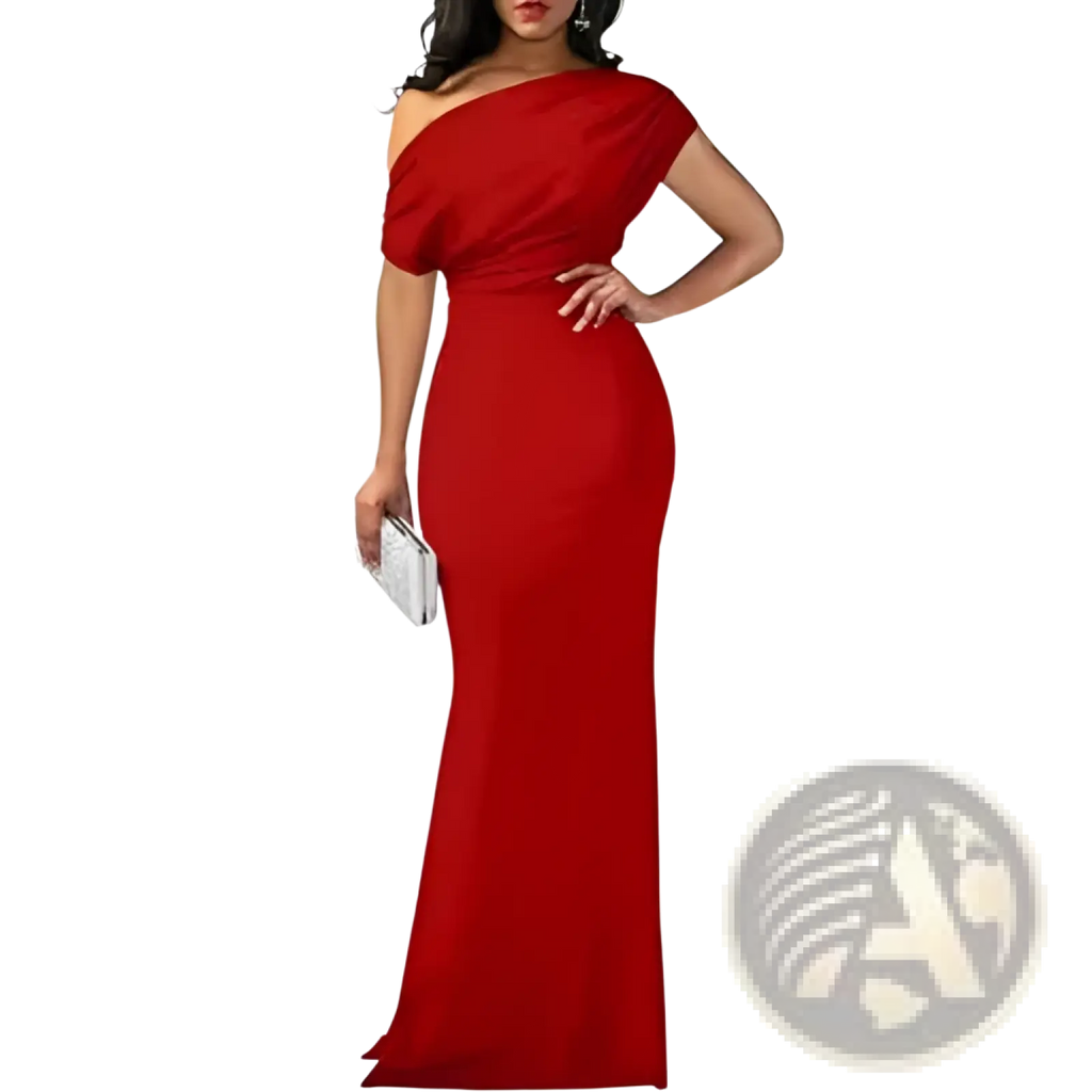 A striking red off the shoulder mermaid evening gown with a fitted silhouette and draped bodice detail