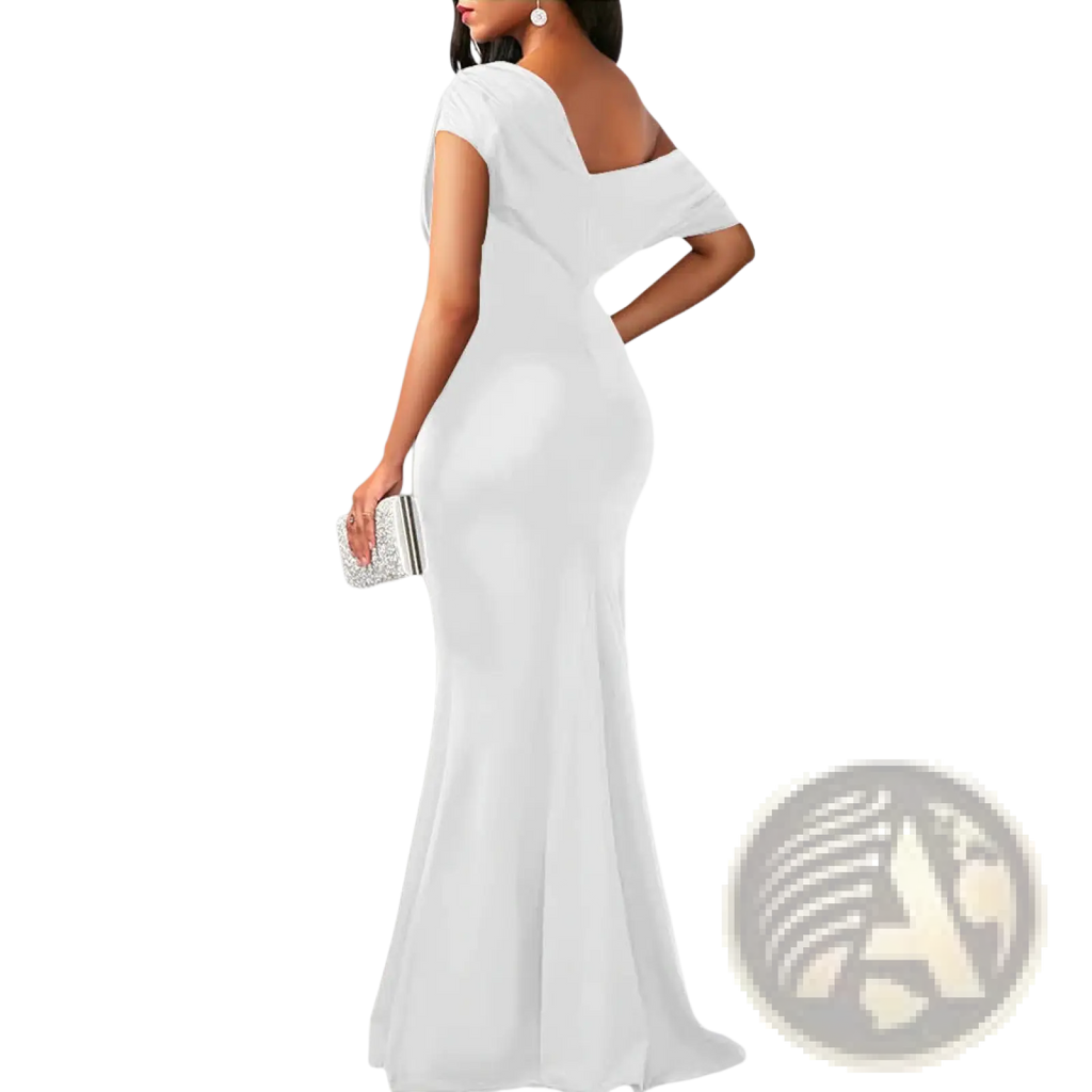 White satin mermaid evening gown with off the shoulder short sleeves and a back cutout shown from the back side