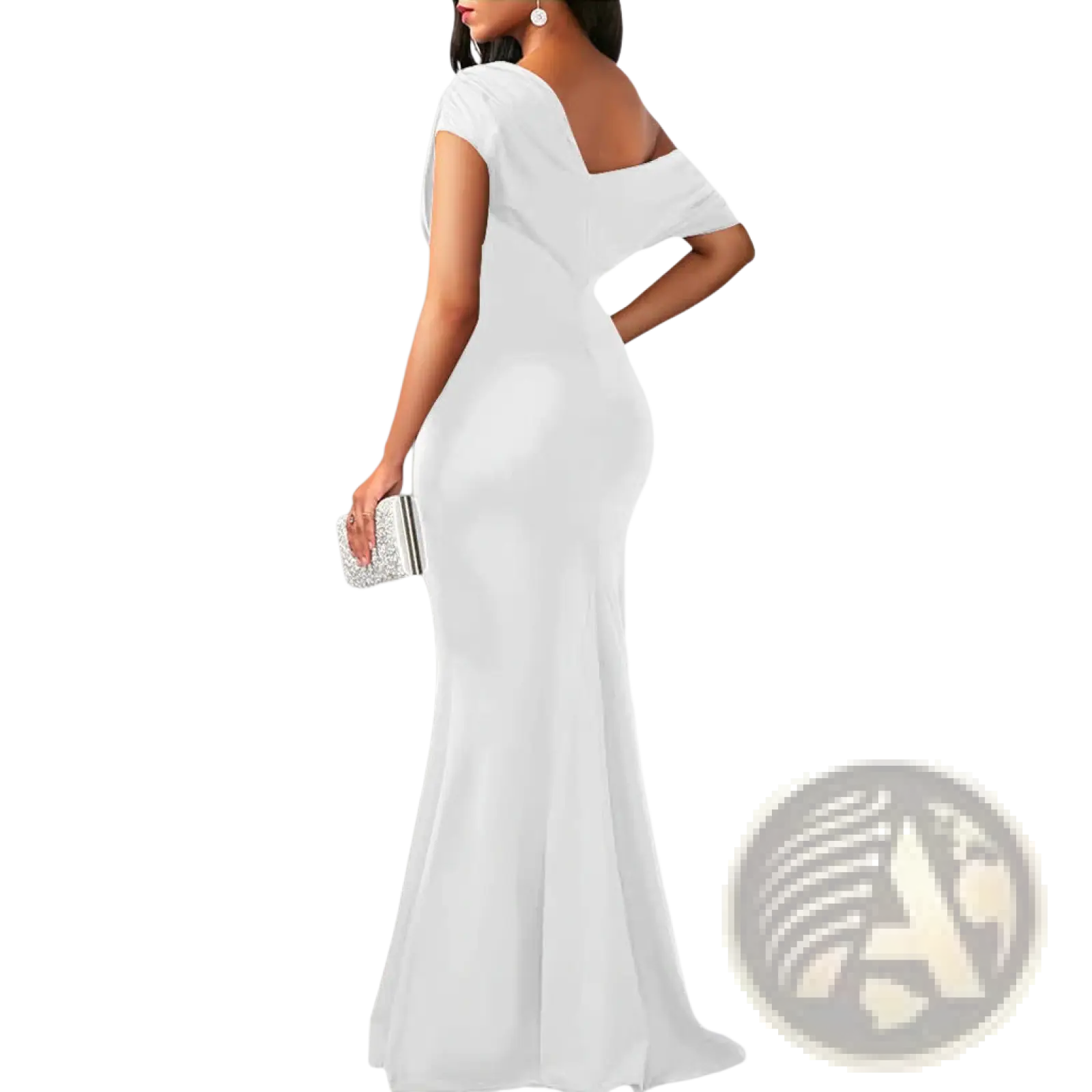 White satin mermaid evening gown with off the shoulder short sleeves and a back cutout shown from the back side