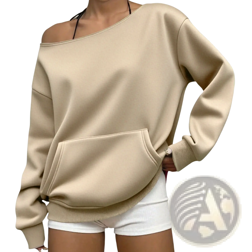 Beige off-shoulder sweatshirt with relaxed fit and front pocket for casual comfort and style