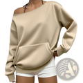 Beige off-shoulder sweatshirt with relaxed fit and front pocket for casual comfort and style