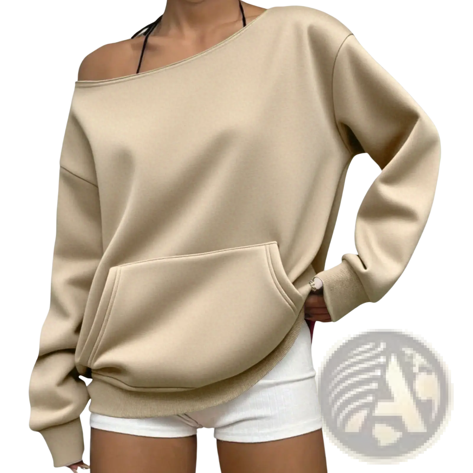 Beige off-shoulder sweatshirt with relaxed fit and front pocket for casual comfort and style
