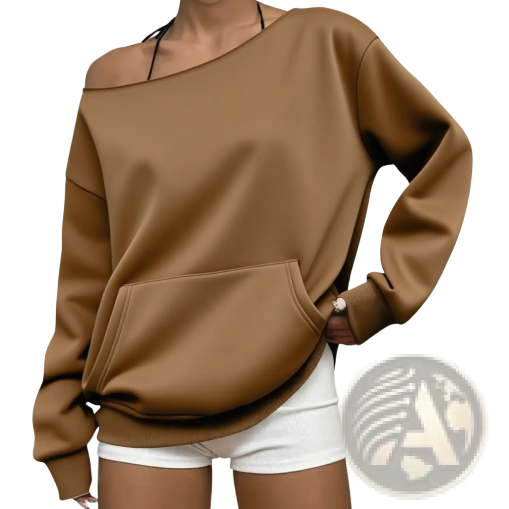 A cozy camel-colored off-shoulder sweatshirt with a relaxed fit and front pocket ideal for casual wear