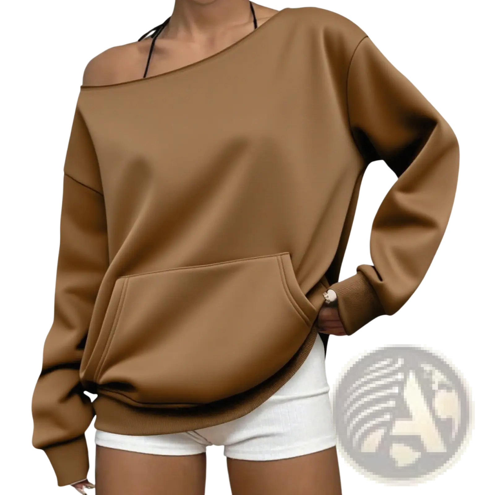 A cozy camel-colored off-shoulder sweatshirt with a relaxed fit and front pocket ideal for casual wear