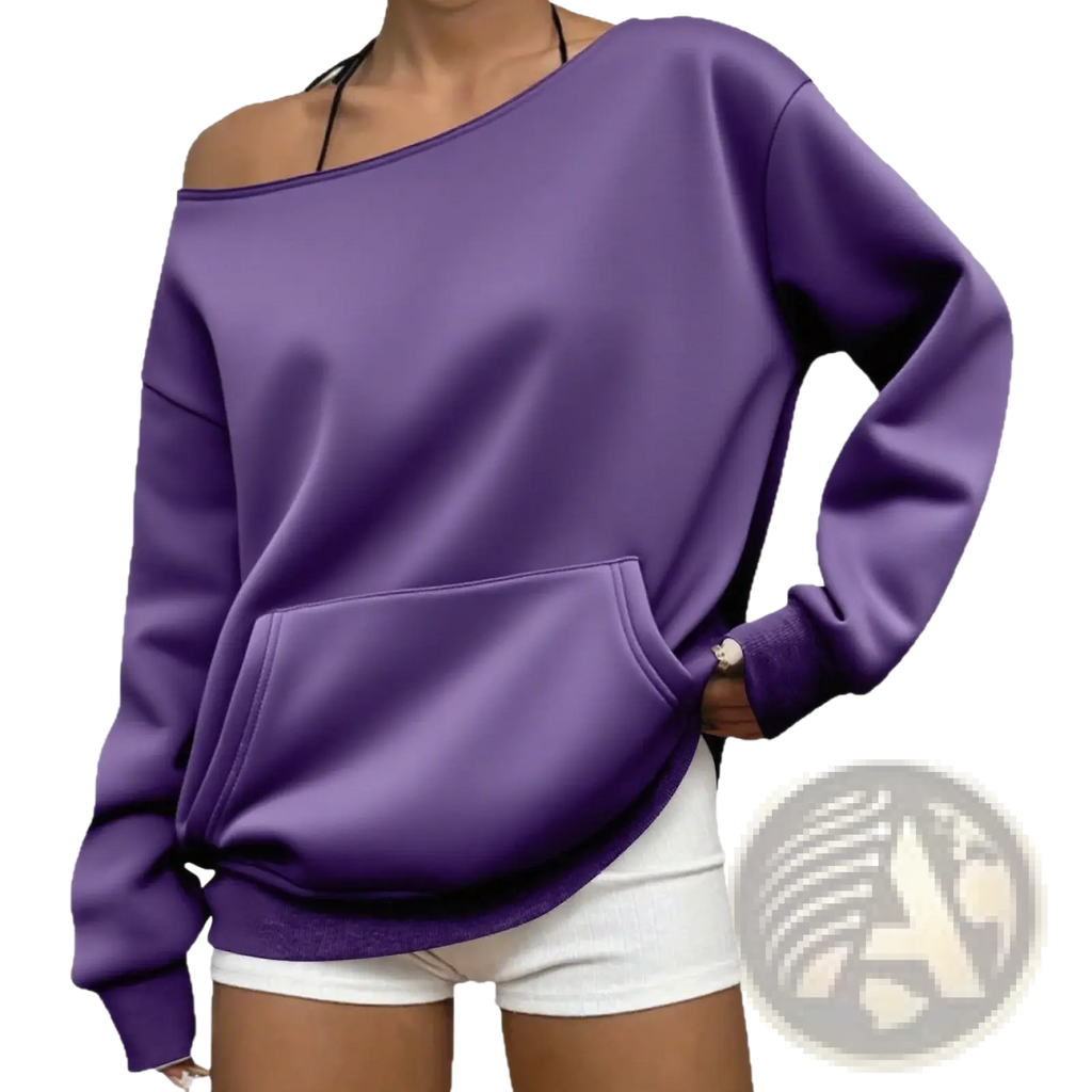 Purple off-shoulder sweatshirt with front pocket and long sleeves designed for casual comfort and style