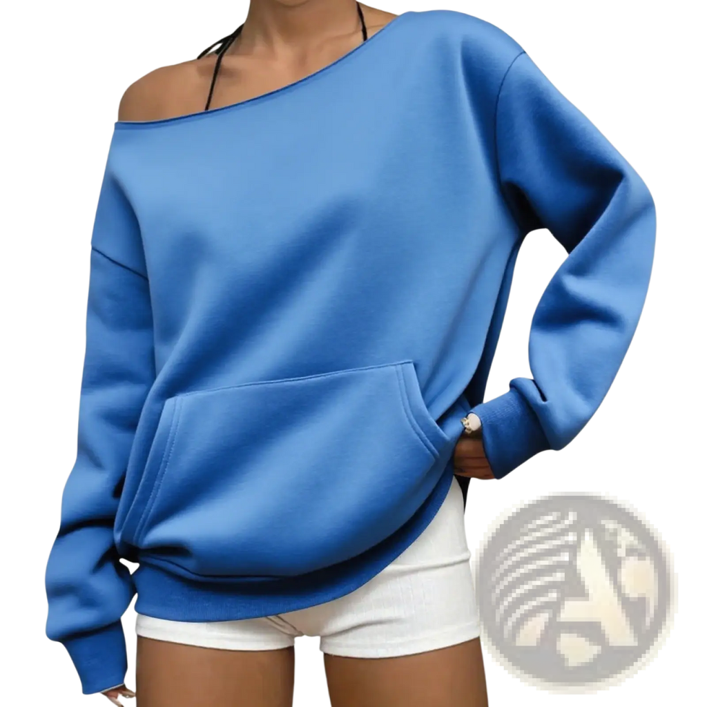 A vibrant blue oversized off-shoulder sweatshirt with front pocket and ribbed cuffs perfect for casual wear
