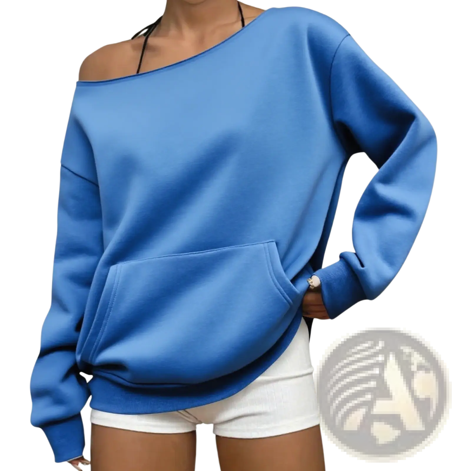 A vibrant blue oversized off-shoulder sweatshirt with front pocket and ribbed cuffs perfect for casual wear