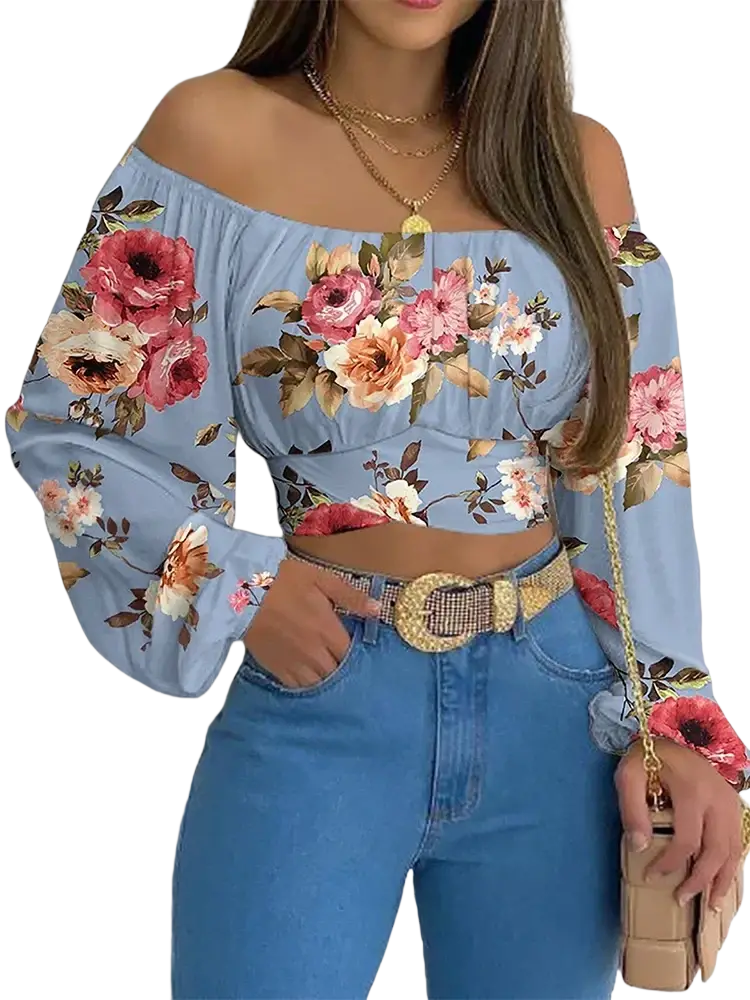 Light blue off shoulder printed lantern sleeve crop top with long sleeves and pink red peach rose floral pattern