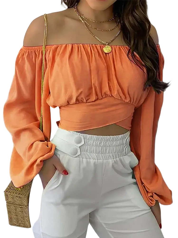 Orange off shoulder printed lantern sleeve crop top with long ruched sleeves made from lightweight fabric