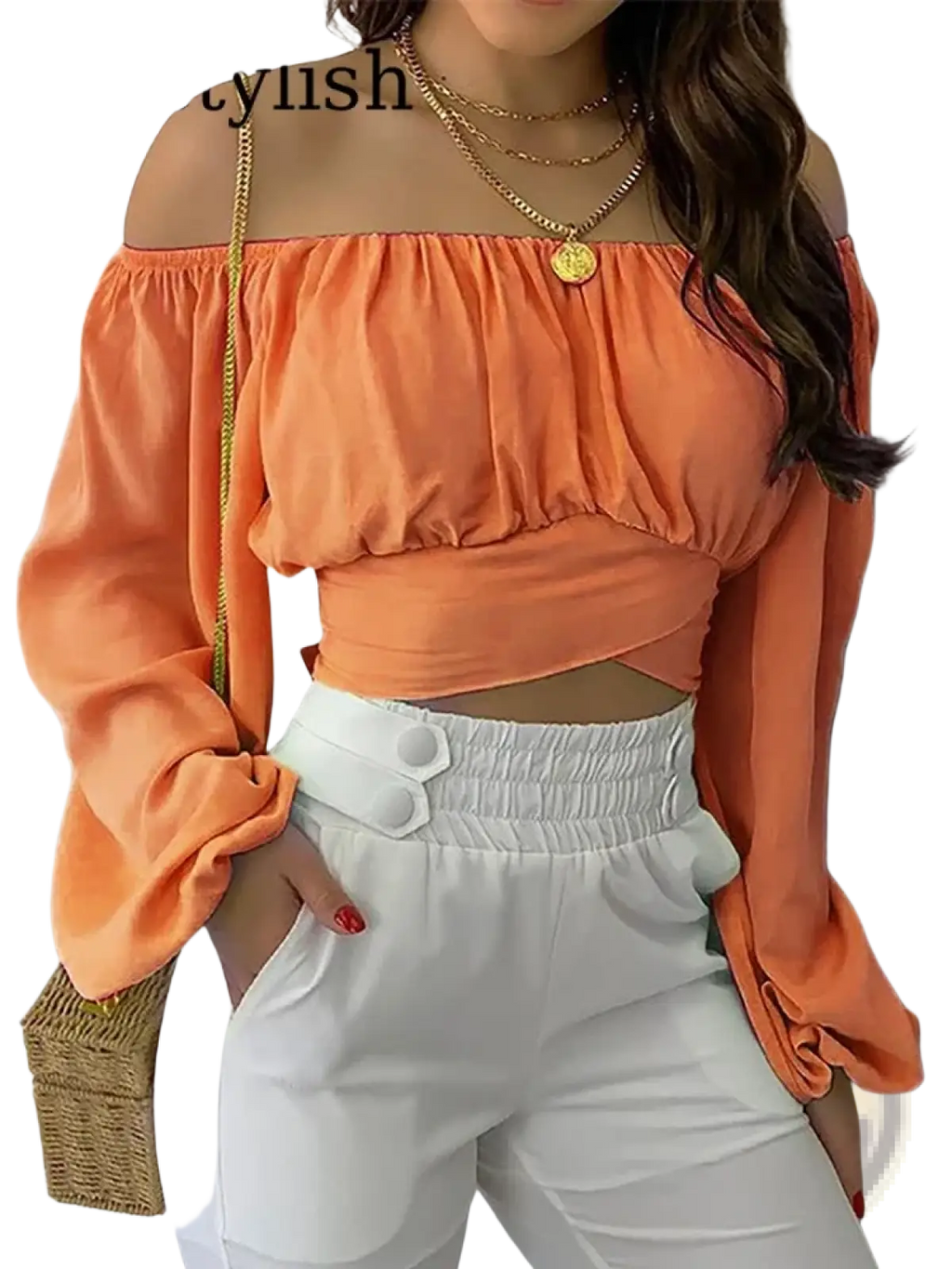 Orange off shoulder printed lantern sleeve crop top with long sleeves and ruched detailing in lightweight fabric