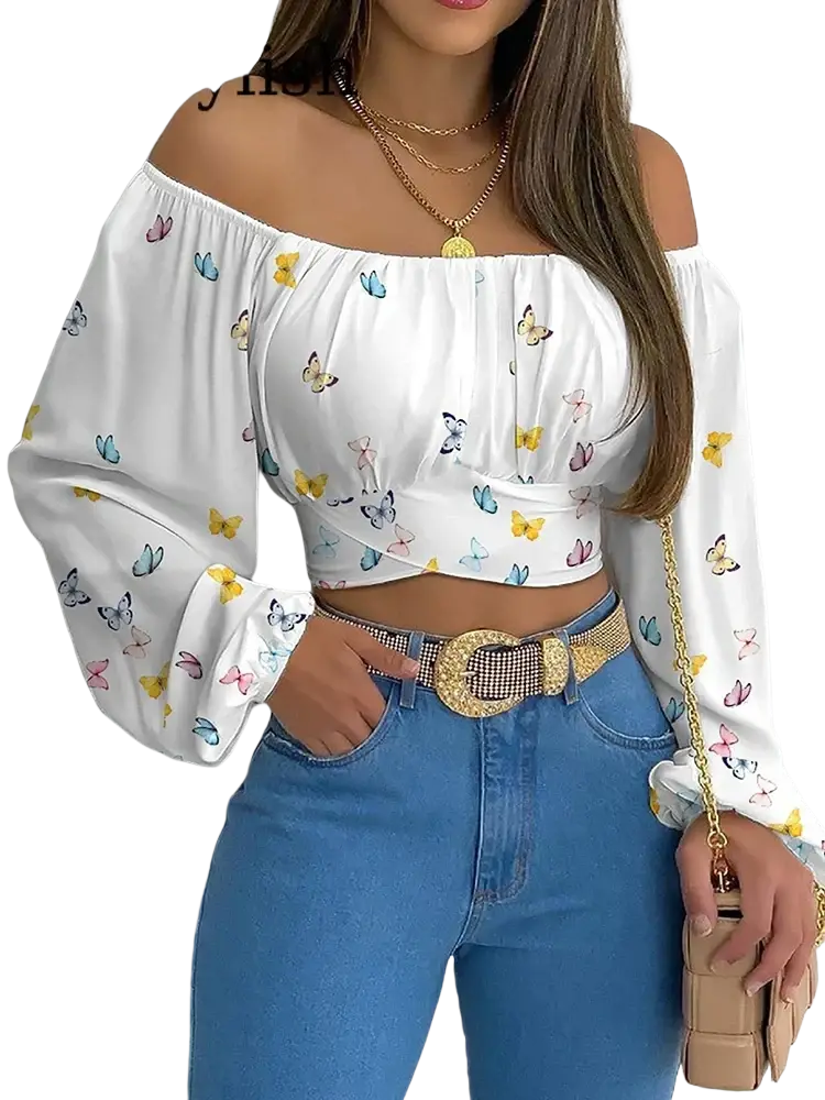 White off shoulder crop top with long lantern sleeves and pastel butterfly print in lightweight fabric