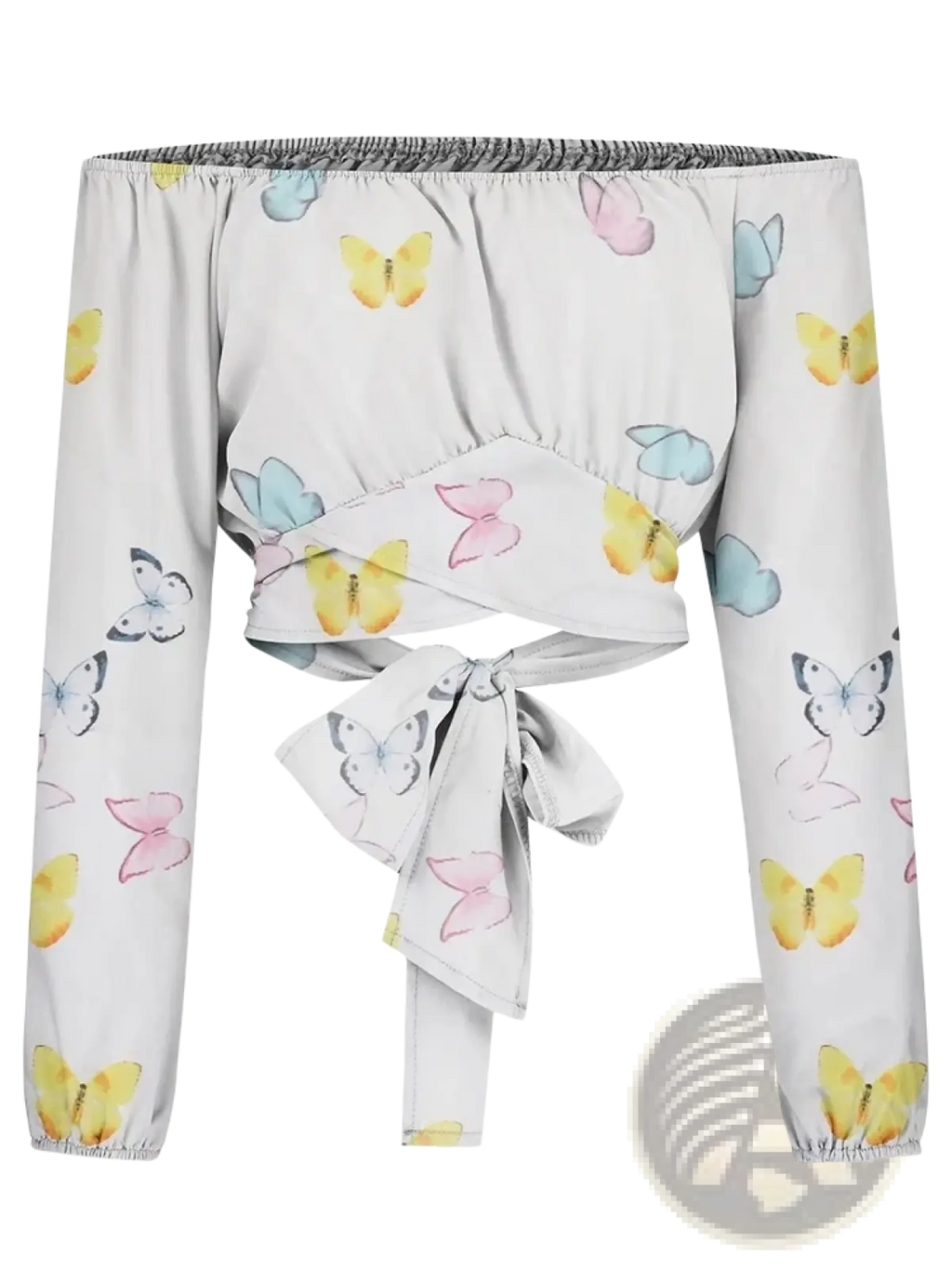 Off shoulder printed lantern sleeve crop top in white with pastel yellow pink and blue butterfly print