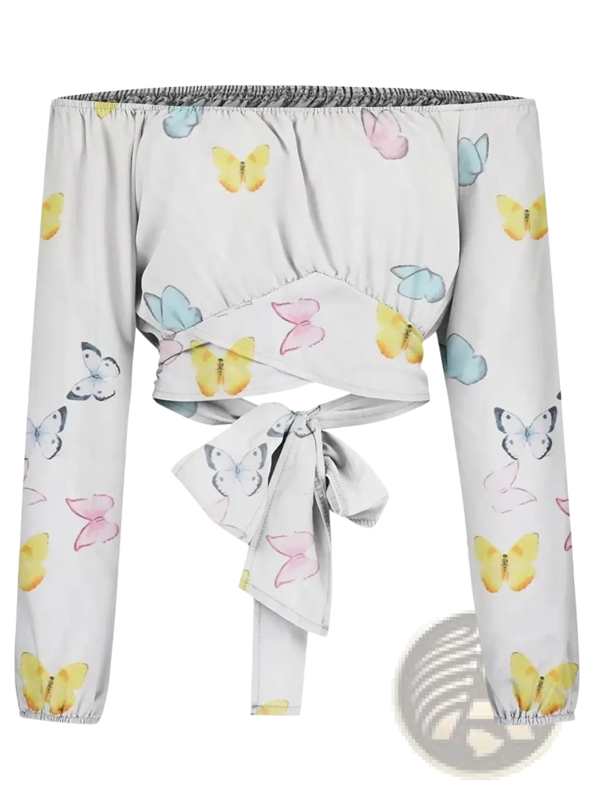 Off shoulder printed lantern sleeve crop top in white with pastel yellow pink and blue butterfly print