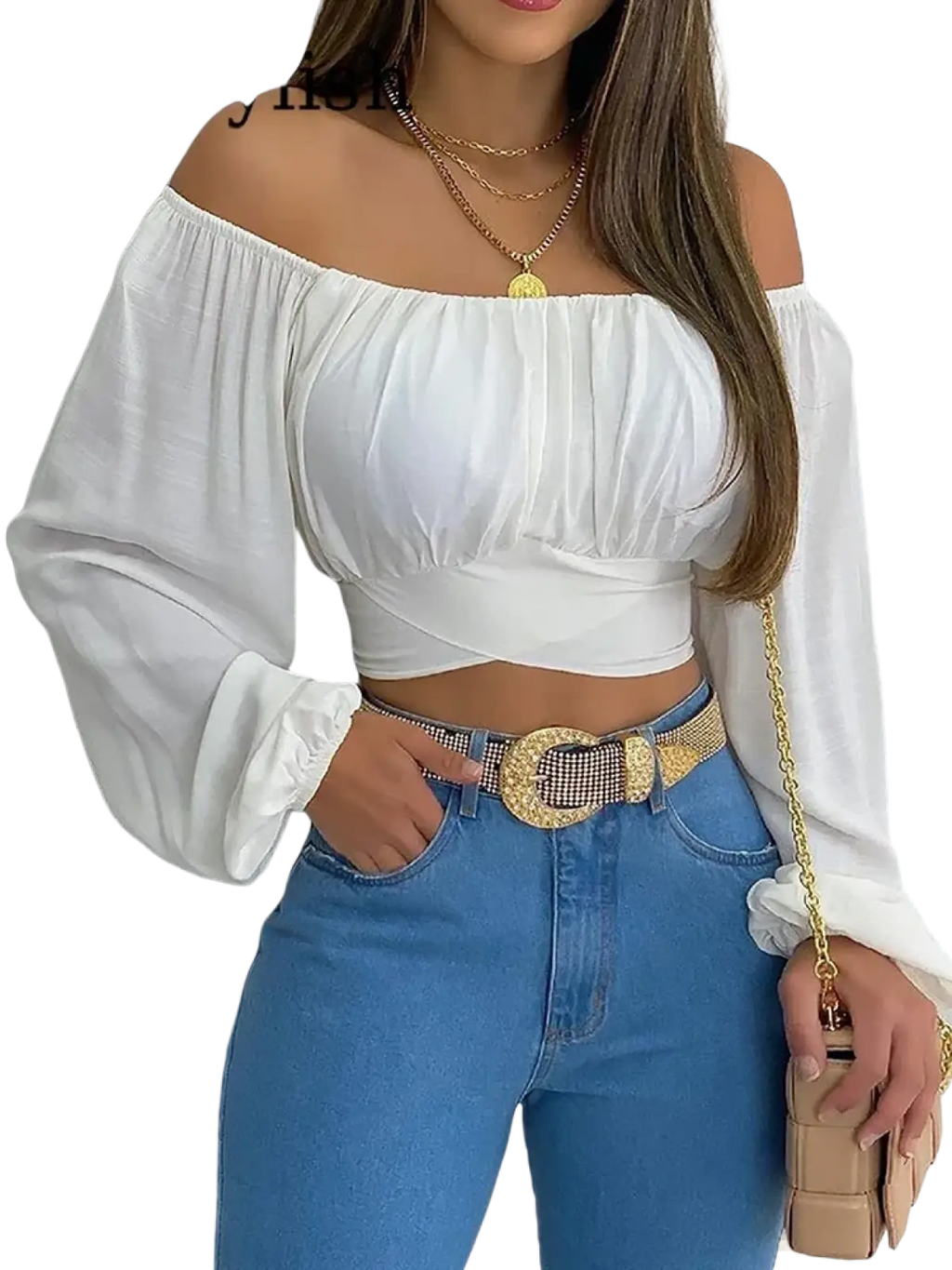 White off shoulder crop top with printed lantern sleeves and ruched bodice ideal for casual wear