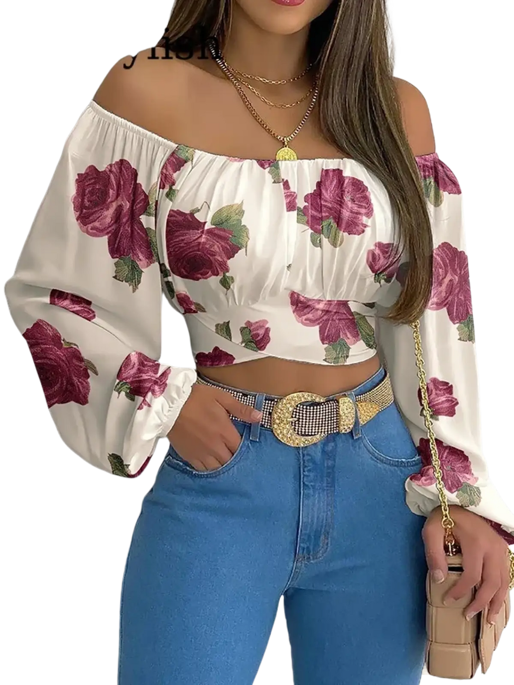 White off shoulder crop top with long puffy lantern sleeves and deep pink rose floral pattern for stylish wear