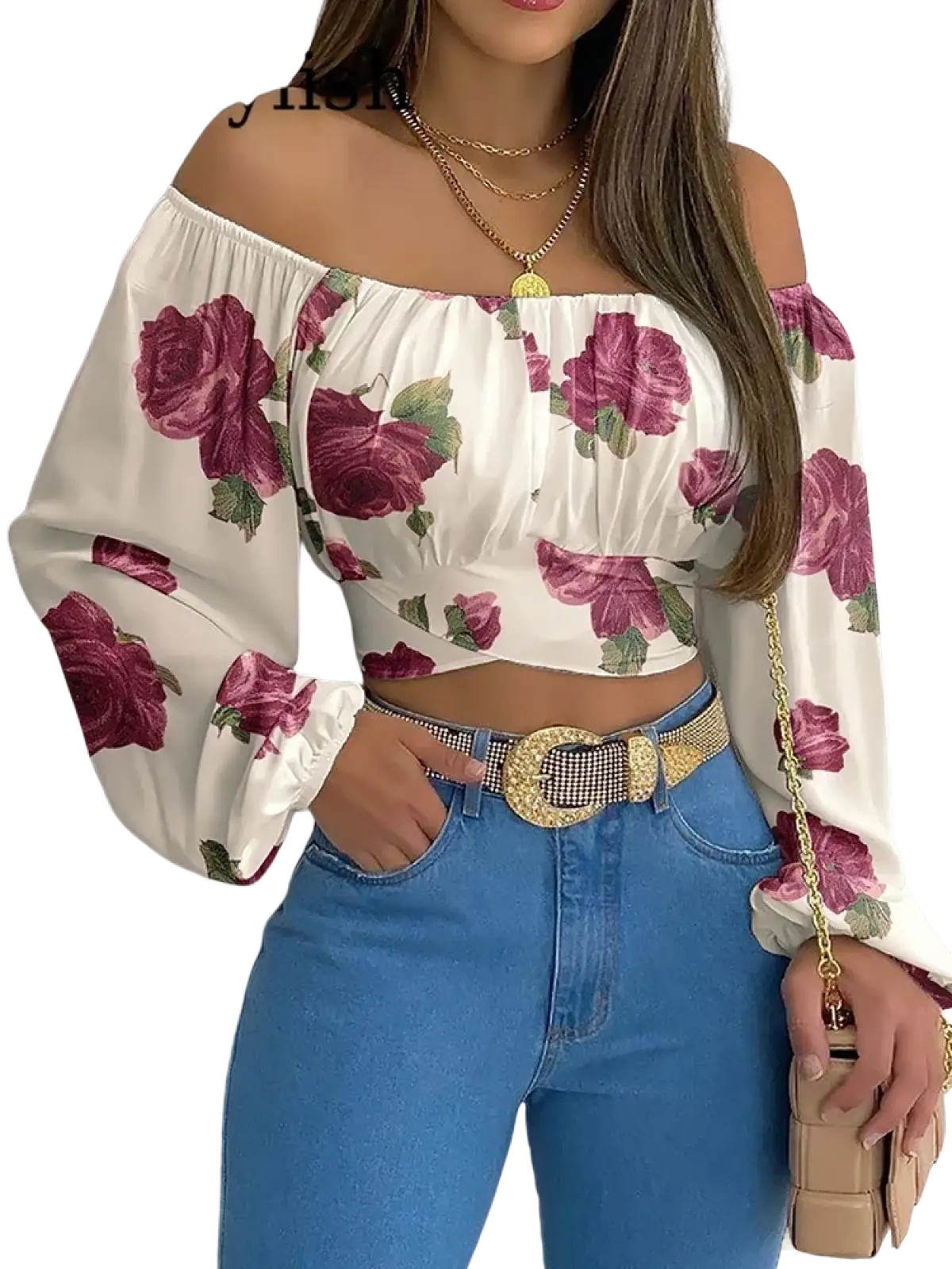 White off shoulder crop top with long puffy lantern sleeves and deep pink rose floral pattern for stylish wear