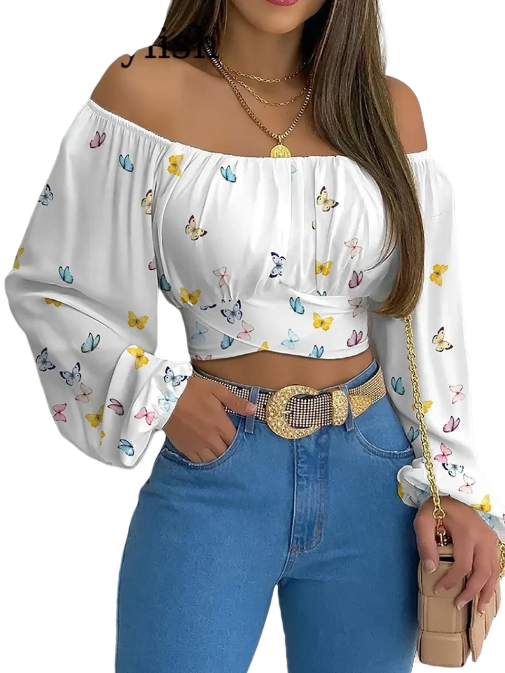 White off shoulder crop top with long lantern sleeves and pastel butterfly print in lightweight fabric