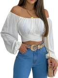 White off shoulder printed crop top with lantern long puffy sleeves and ruched bodice in lightweight fabric