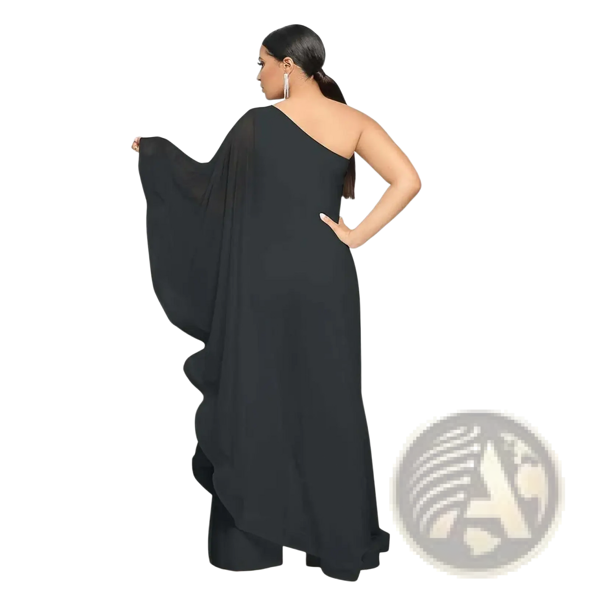 Black one-shoulder flowing gown with ruffled hem and wide sleeves in elegant white chiffon romper style