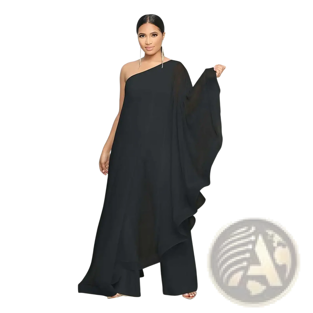 Black flowing one-shoulder gown with ruffled asymmetrical sleeves made of chiffon for elegant occasions