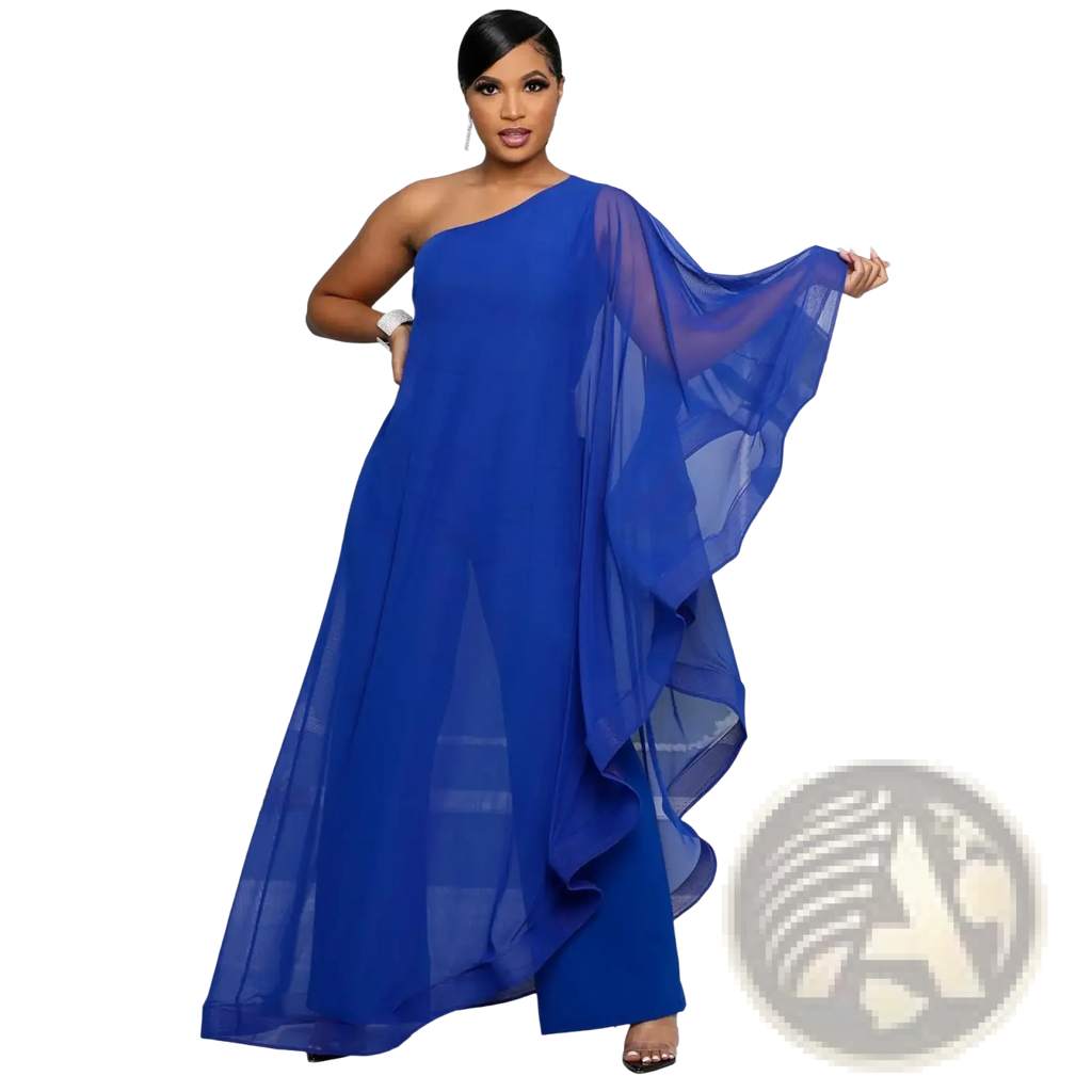A royal blue one shoulder maxi dress with sheer ruffled overlay featuring elegant chiffon fabric