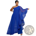 A royal blue one shoulder maxi dress with sheer ruffled overlay featuring elegant chiffon fabric