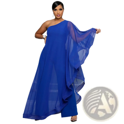 A royal blue one shoulder maxi dress with sheer ruffled overlay featuring elegant chiffon fabric